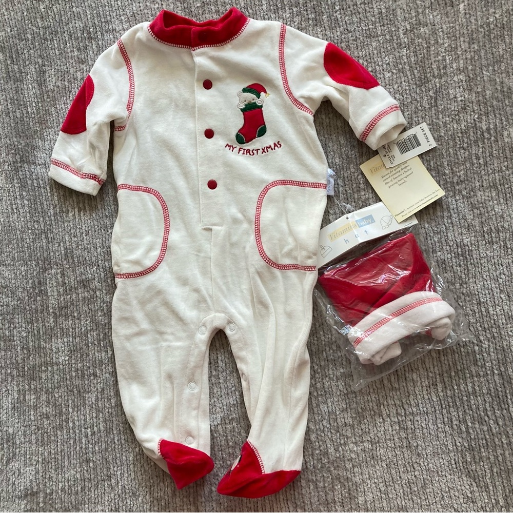 Vitamins Baby My First Xmas Footie & Santa Hat Set‎ 3-6 Months NWT